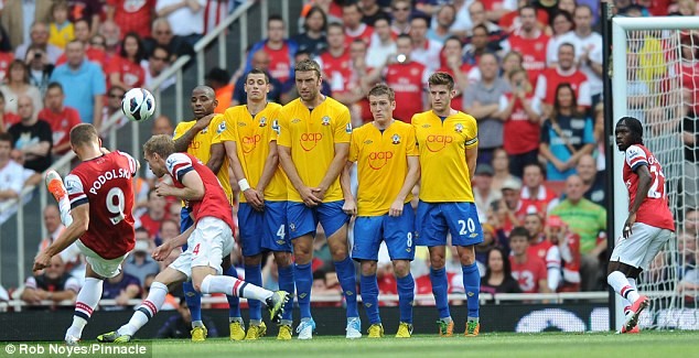 Phút thứ 31 trận đấu giữa Arsenal và Southampton trên sân Emirates, tiền đạo người Đức Lukas Podolski đã có pha đá phạt siêu đẳng hạ gục thủ thành Davis nâng tỉ số lên 2-0 cho Pháo thủ.